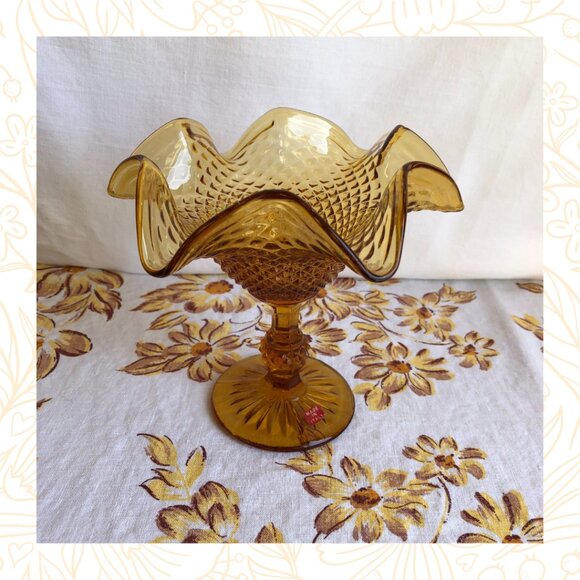 Vintage Italian Glass Amber Diamond Point Ruffled Compote Pedestal Bowl - Picture 1 of 4